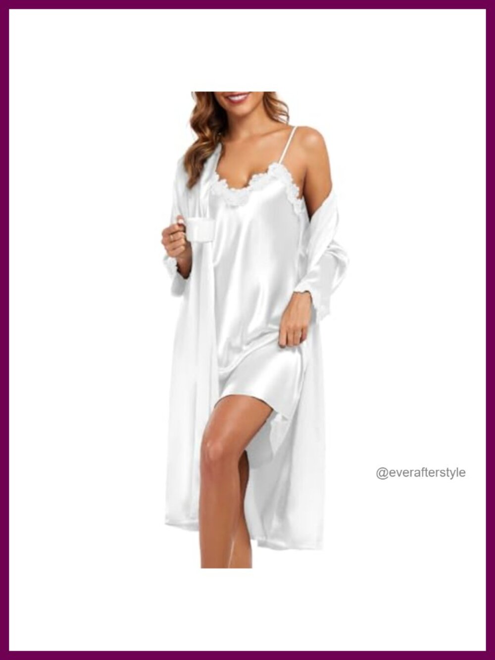 Satin Nightgown Set with Robe 2 Piece Lace Trim Sleepwear